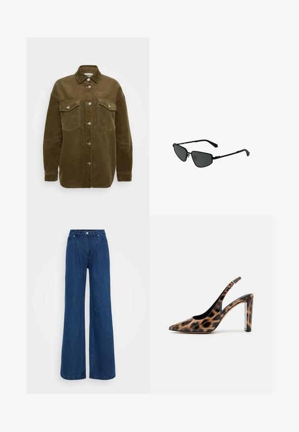 Khaki corduroy overhemdjasje met een kraag, zilveren knopen en twee borstzakken. Heeft een ontspannen pasvorm en ribbeltextuur.; Twee dames tanktops: een witte en een zwarte, gemaakt van een zachte stof, met dunne bandjes en een diepe V-hals ontwerp.; Blauwe denim jeans met wijde pijpen en een hoge taille, voorzien van een knoop- en ritssluiting aan de voorkant, en voor- en achterzakken op een effen achtergrond.; Leopardprint slingback pump met een spitse neus en een transparante blokhak. Gemaakt van glanzend materiaal met een gladde textuur.; Zwarte metalen zonnebril met hoekige frames en donkere lenzen. Beschikt over dunne, rechte armen en neussteunen voor een veilige pasvorm.