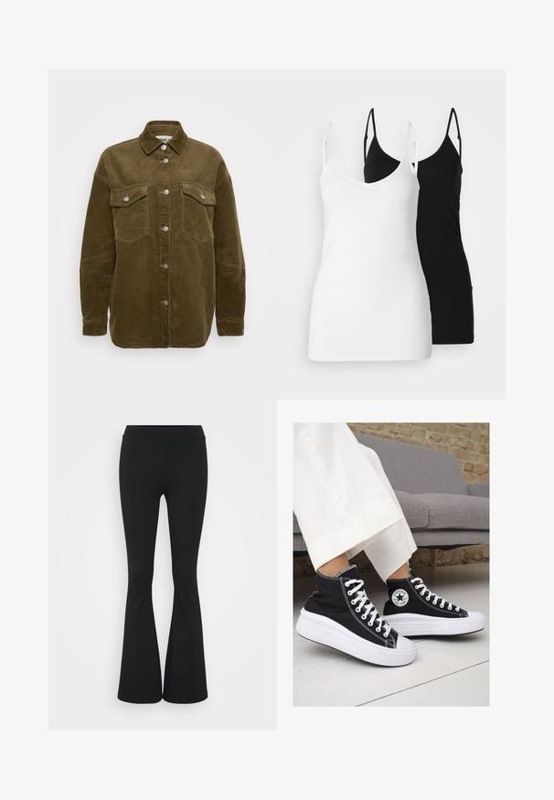 Chaqueta de camisa de pana color caqui con cuello, botones plateados y dos bolsillos en el pecho. Presenta un corte holgado y textura acanalada.; Dos camisetas de tirantes para mujer: una blanca y una negra, hechas de tejido suave, con finas tiras y un diseño de escote en V profundo.; Pantalones negros de campana hechos de una tela elástica, con una cintura alta y una textura suave. Los pantalones se ensanchan desde la rodilla.; Zapatillas altas de lona negra con suelas y cordones de goma blanca. Presentan un logo circular en el lateral y costuras blancas en contraste.