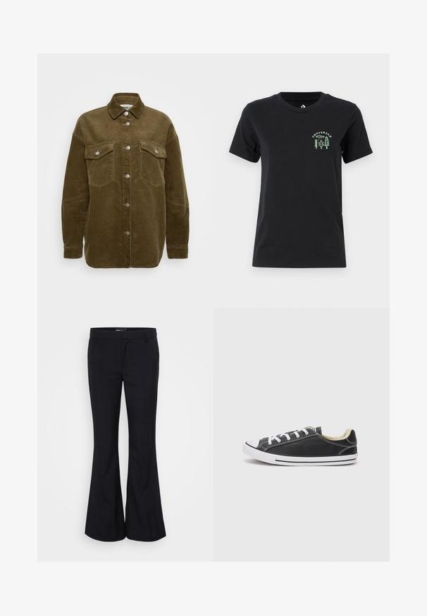 Khaki bársonykabát ing, galléros nyakkal, ezüstgombokkal és két mellzsebből áll. Lazább szabású és bordázott textúrájú.; Converse FOREST ART TEE - Nyomott mintás póló - black; Gina Tricot Tall RELAXED TROUSERS - Nadrágok - black; Converse CHUCK TAYLOR ALL STAR DAINTY LUCKY - Sportcipő - black/white
