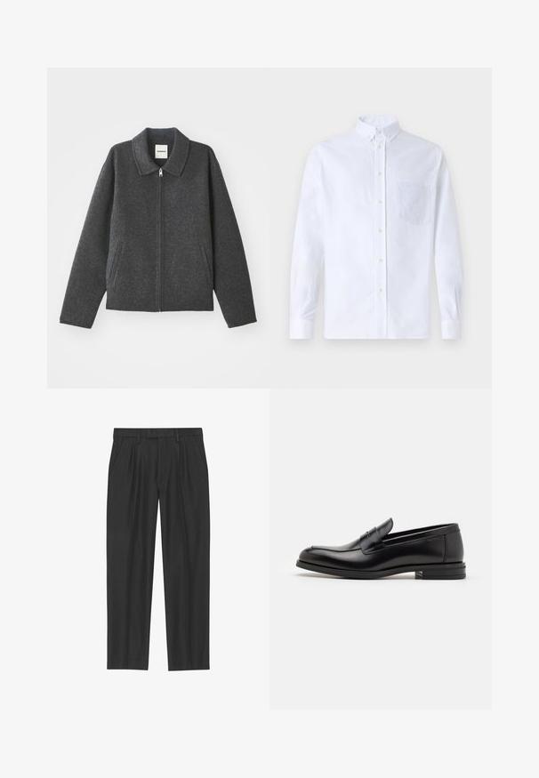Szara kurtka wełniana z kołnierzykiem, z przodu na zamek błyskawiczny oraz dwoma bocznymi kieszeniami. Posiada luźny krój z lekko zwężanymi rękawami.; Biała koszula z długim rękawem na guziki, wykonana z bawełny, z kieszonką na piersi z tonowym haftem, kołnierzykiem i zapięciem na guziki przy mankietach.; Czarne spodnie plisowane wykonane z gładkiego materiału; posiadają pas z pętlami na pasek oraz prostą nogawkę. Minimalistyczny design bez wzorów.; Czarne skórzane mokasyny o gładkiej fakturze, zaokrąglonym nosku i dekoracyjnym pasku na przodzie. Niski, warstwowy obcas, minimalistyczny design.