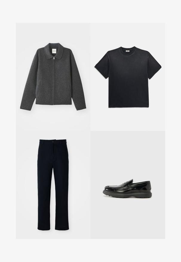 Sivka volna mešane jakne s ovratnikom, sprednjim zadrgo in dvema stranskima žepoma. Ima sproščen kroj s rahlo zoženimi rokavi.; Črna bombažna majica s kratkimi rokavi in okroglim izrezom. Ima sproščen kroj, gladko teksturo in minimalističen dizajn.; Temno modri hlače iz bombaža, s ravnim krojem, sprednjim gumbom in klasičnim pasom z zankami za pas.; Črne usnjene loafer čevlje z sijajno obdelavo, okroglo špico, subtilnimi šivi in debelim gumijastim podplatom za trajnost.