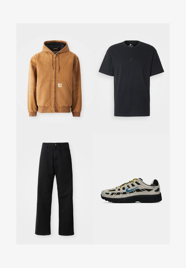 Brown zip-up hooded jacket with front pockets, drawstrings, ribbed cuffs, and a small square label on the left pocket.; Nike black cotton t-shirt with a classic crew neck, short sleeves, and a subtle, embossed logo on the chest. Smooth texture.; Black denim pants with a straight cut, featuring front pockets, a zip fly, and a single top button. Textured fabric with a matte finish.; Beige and black Nike P-6000 sneaker with blue swoosh, yellow laces, black sole, and Cordura fabric label on the heel.