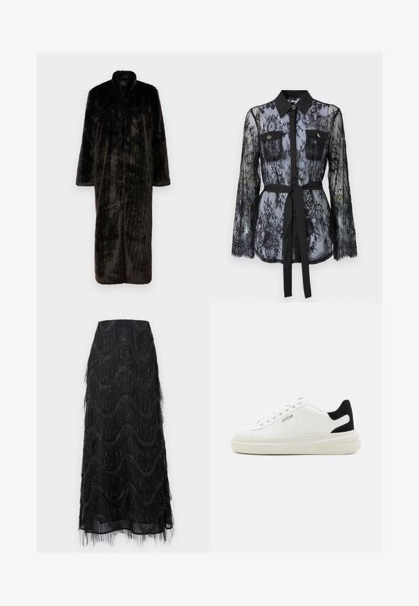 Mākslīgās kažokādās ražots tumši brūns apmetnis, kas izceļas ar garu, taisnu siluetu, augstu apkakli un platām piedurknēm. Mīksta tekstūra bez redzamām detaļām.; Melnas mežģīņu blūze ar garām piedurknēm, pogām kabatām uz krūtīm, klasisku apkakli un auduma jostu, kas saitē ap jostasvietu. Caurspīdīgs dizains.; Melnā midi svārki ar kārtainu fringu un viļņveida rakstiem. Izgatavoti no caurspīdīgas materiāla ar spīdīgām akcentēm gar malām.; Baltas ādas sporta apavi ar biezu balto zoli, melna zamša uzpura un izspiestais logotips sānos. Šņorējuma dizains ar sešiem acu caurumiem.