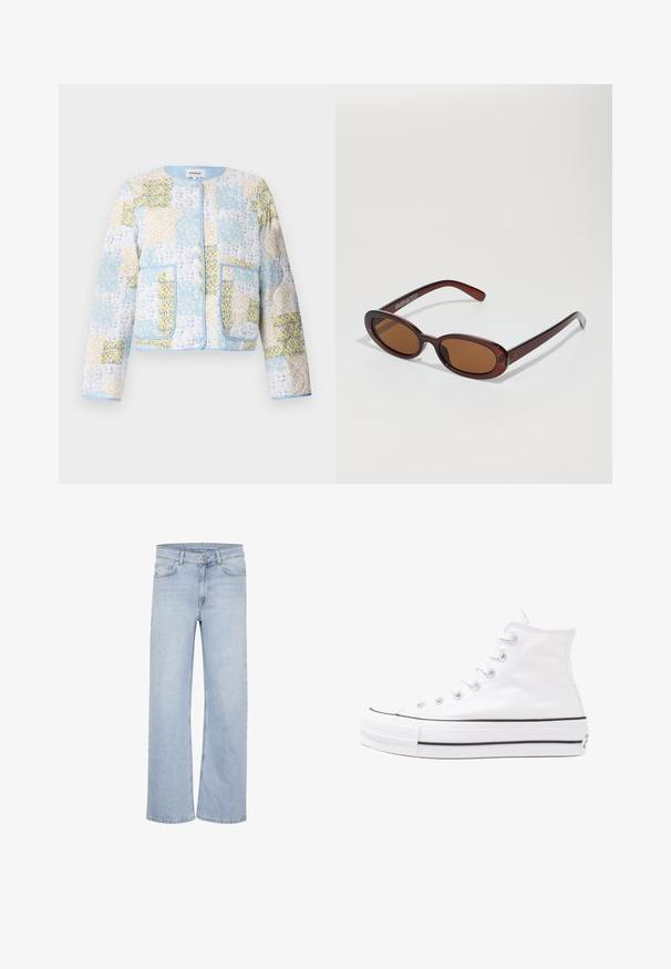 ONLY ONLELVIRA JACKET - Giacca da mezza stagione - cool blue; T-shirt bianco a maniche corte realizzato in cotone. Presenta un collo tondo e una vestibilità rilassata. Texture liscia senza motivi o dettagli visibili.; Jeans a gamba larga di colore blu chiaro realizzati in denim. Presentano passanti per cintura, design a cinque tasche e dettagli cuciti lungo le cuciture.; Sneaker alta in tela bianca con suola in gomma nera, punta in gomma frontale e sei asole per i lacci, caratterizzata da un design pulito e minimalista.; Occhiali da sole rotondi con tonalità marrone, montatura lucida color bordeaux. Aste sottili con un sottile dettaglio del marchio. Design delle lenti piatte.