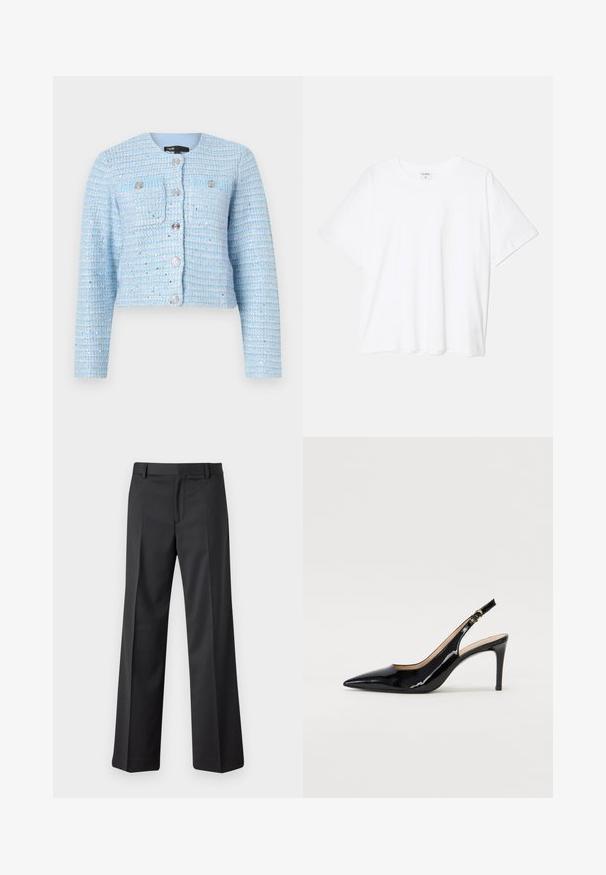 Blauwe tweed cropped jasje met lange mouwen, ronde halslijn, voorzakken en zilveren knoopsluitingen. Gelaagd stof met horizontale strepen.; Witte katoenen t-shirt met korte mouwen, ronde halslijn, comfortabele pasvorm en gestikte zoom. Etiket zichtbaar aan de binnenzijde van de hals.; Zwarte, wijde broek van soepele stof. Voorzien van een tailleband met riemlussen en plooien aan de voorkant. Rechte snit tot de enkel.; Zwarte gepatineerde leren slingback pump met een puntige neus, slanke hak en een subtiel uitgesneden ontwerp. Bevat een gouden gesp op de band.
