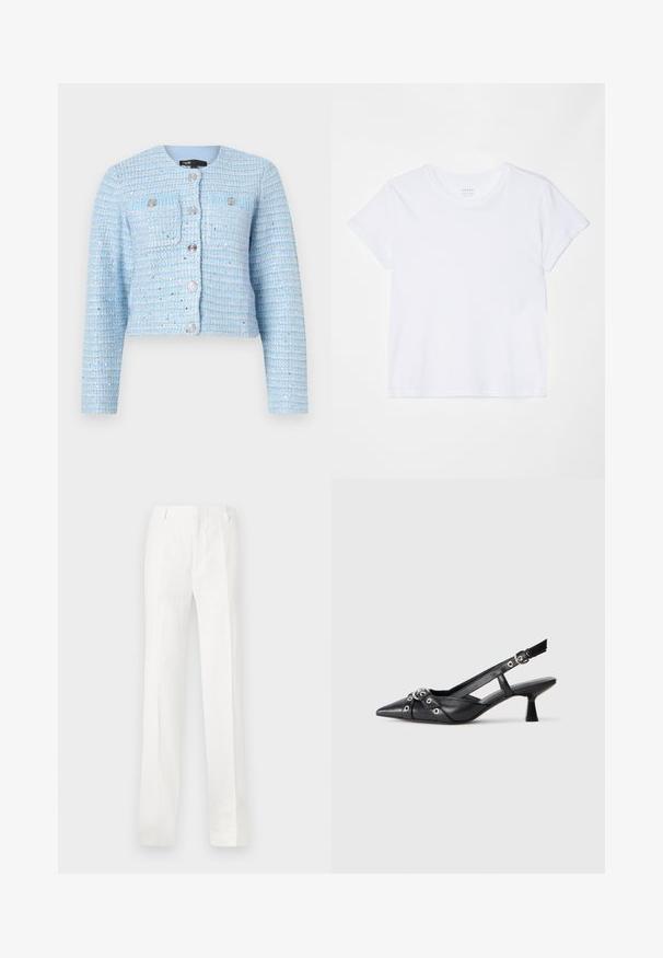 Sinine tweedist lühike jakk pikkade varrukatega, ümar kaelus, eestaskud ja hõbedased nööbid. Tekstuuriga kangas horisontaalsete triipudega.; FRAME BABY TEE - Lihtne T-särk - white; Valged sirged püksid, mis on valmistatud kergest kangast. Omavad lamedat esiosa, vööde materjale ning pole nähtavaid mustreid ega kaunistusi.; Must must have must toote tõmblukuga, dekoratiivsed rihmad metallist silmadega ja madal blokk-kand. Tekstureeritud pind.