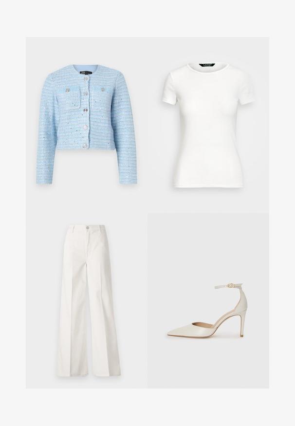 Blå tweed cropped jakke med lange ærmer, rund halsudskæring, forreste lomme og lukkemekanismer med sølvknapper. Tekstureret stof med vandrette striber.; Hvid bomulds T-shirt med korte ærmer, rund hals, fitted design og glat tekstur. Logo mærke ved halsudskæringen.; Hvide vidde bukser lavet af bomuld med en glat tekstur. Har en frontknap, lynlås, og fire-lomme design.; Hvide læder højhælede sko med spids tå, ankelrem og en slank stiletto-hæl. Glat tekstur med subtilt glansfuld finish.