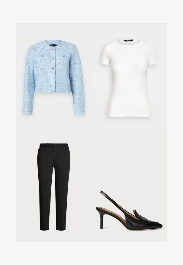Blå tweed cropped jakke med lange ærmer, rund halsudskæring, forreste lomme og lukkemekanismer med sølvknapper. Tekstureret stof med vandrette striber.; Hvid bomulds T-shirt med korte ærmer, rund hals, fitted design og glat tekstur. Logo mærke ved halsudskæringen.; Sorte tapered bukser lavet af et strækbart stof, med en flad talje, sidelommer og en glat, mat tekstur. Ingen synlige lukninger.; Sorte læder slingback-pumper med spids tå, lav hæl og dekorativ strop over vristen. Glat tekstur og minimalistisk design.