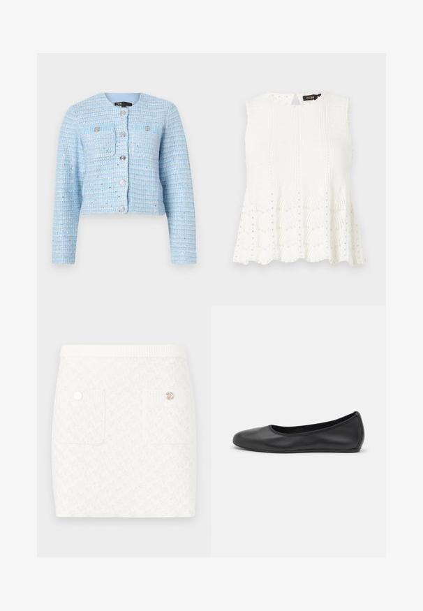Modra tweed kratka jakna z dolgimi rokavi, okroglim ovratnikom, sprednjimi žepi in srebrnimi gumbi za zapiranje. Teksturen material s horizontalnimi črtami.; Maje MIPERLA - Top - blanc; Kratka bela krilo z teksturiranim vzorcem, ki ima dve sprednji žepi in okrasne gumbke v zlatem tonu. Elastičen pas za udobje.; Črne usnjene balerinke z zaobljenim nosom, gladko teksturo, minimalnimi šivi in fleksibilno zasnovo podplata.