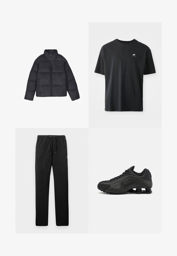 Svart polstret jakke med høy krage, frontlukking med glidelås, to sidelommer og sydd paneldesign. Myk tekstur med en matt finish.; Svart bomull T-skjorte med korte ermer og rund hals, med et lite rektangulært logo med "NIKE AIR" i hvitt på venstre bryst.; Sorte joggebukser laget av fleece, med elastisk liv med snøring, to frontlommer og en liten logo på låret.; Sorte joggesko med en glatt syntetisk overdel, perforerte detaljer, teksturerte sidepaneler og en distinkt fjærende såle.