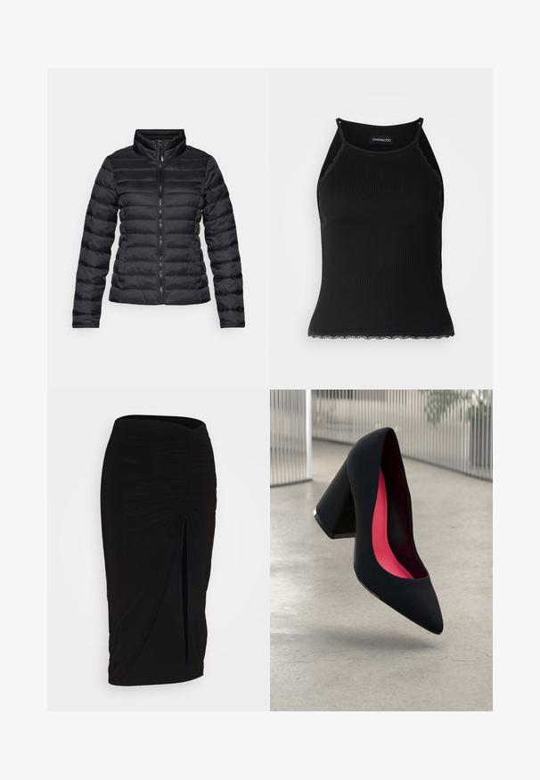 Jachetă puf din material negru, cu guler înalt, design matlasat orizontal, fermoar frontal complet și mâneci strâmte. Textură netedă și lucioasă.; Top de bumbac negru cu nervuri, cu dantelă ondulată la margine. Are bretele subțiri și un design ajustat. Fabricat din material elastic.; Fustă creion neagră, plisată, cu detalii cu fundă și o fanta laterală. Fabricată dintr-un material elastic, cu o textură netedă și un design care se mulează pe corp.; Cămașă cu toc înalt, neagră, cu vârful ascuțit, suprafață texturată și interior de un roz vibrant. Dispune de un toc gros cu accent argintiu.
