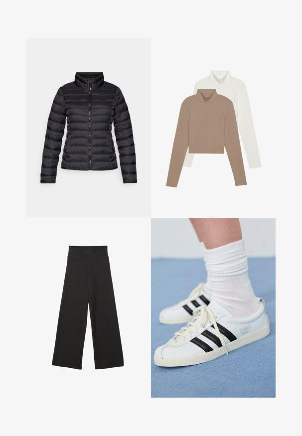 Schwarze Daunenjacke mit hohem Kragen, horizontal gestepptem Design, durchgehendem Reißverschluss und enganliegenden Ärmeln. Glatte, glänzende Textur.; Zwei Rollkragenpullis: einer in sanftem Braun mit geripptem Muster und einer in glattem Weiß. Beide haben lange Ärmel und ein kürzeres Design.; Schwarze weit geschnittene Hosen mit einem hohen elastischen Bund, weichem Stoff und lockerer Passform, geeignet für legere Anlässe oder entspannte Umgebungen.; Weiße Ledersneaker mit schwarzen Streifen, cremefarbener Sohle und hellen Schnürsenkeln. Getragen mit weißen gerippten Socken, positioniert vor einem blauen Hintergrund.