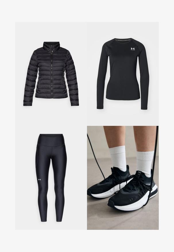 Černá péřová bunda s vysokým límcem, horizontálním prošíváním, plným předním zipem a fitted rukávy. Hladká, lesklá textura.; Černé sportovní tričko s dlouhým rukávem vyrobené z hladkého materiálu, s kulatým výstřihem a malým bílým logem na levém prsu.; Černé leginy vyrobené z hladkého, pružného materiálu s vysokým pasem. Obsahují bílé logo na levém stehně a mají přiléhavý střih.; Černé sportovní boty s texturovanou tkaninou, bílou podrážkou a černými tkaničkami. Nosené s bílými žebrovanými ponožkami, stojící na světlém povrchu.