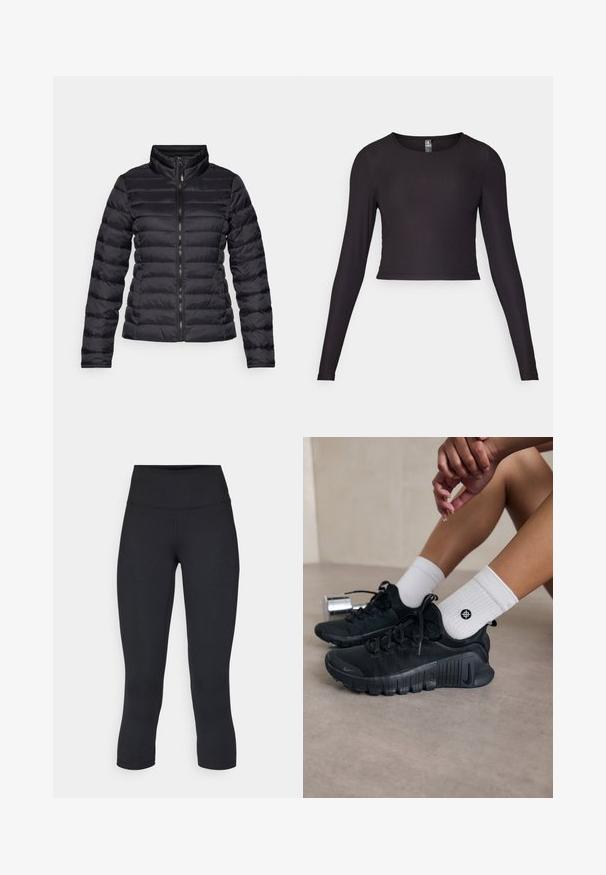 Sort pufferjakke med høj krave, vandret kviltet design, fuld frontlynlås og tætsiddende ærmer. Glat, skinnende tekstur.; Sort langærmet cropped top lavet af ribbet stof. Har en rund halsudskæring og tætsiddende silhuet med tekstureret overflade.; Sorte cropped leggings lavet af stretchy materiale, med en høj talje og blød tekstur, uden synlige mønstre eller hardware.; Sorte træningssko med struktureret stof, snørebåndsdesign og en markant sål, parret med hvide ribbede sokker med et lille logo.
