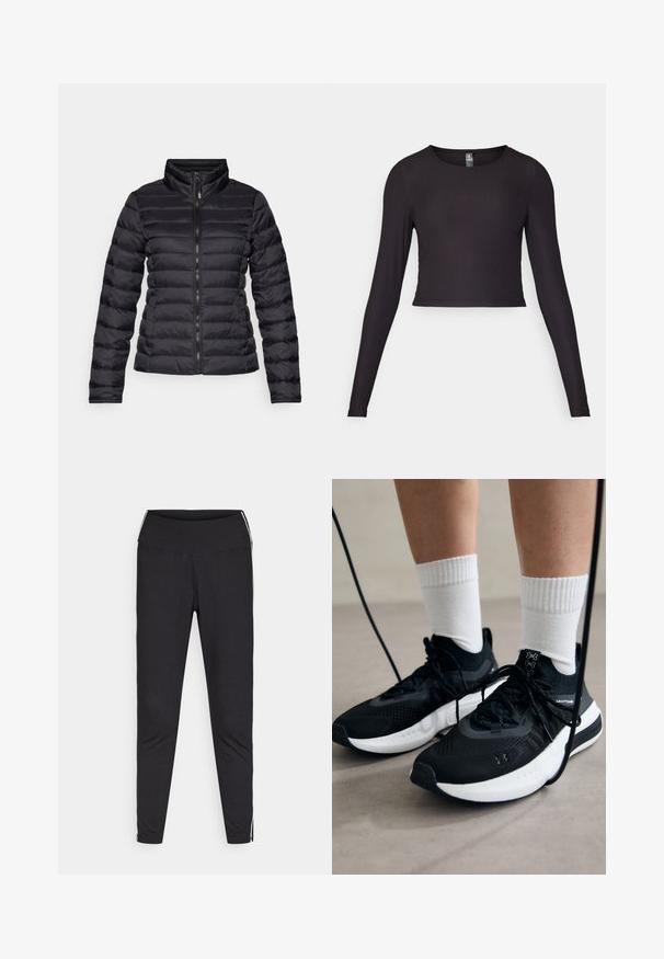 Giubbotto piumino nero con colletto alto, design a trapuntatura orizzontale, zip frontale completa e maniche aderenti. Texture liscia e lucida.; Top cropped a maniche lunghe nero realizzato in tessuto a coste. Presenta un collo rotondo e una silhouette aderente con superficie strutturata.; Leggings neri realizzati in tessuto elasticizzato. Vita alta, fitting affusolato, con strisce bianche lungo le cuciture esterne. Texture liscia.; Scarpe sportive nere con tessuto testurizzato, suola bianca e lacci neri. Indossate con calzini bianchi a costine, in piedi su una superficie chiara.