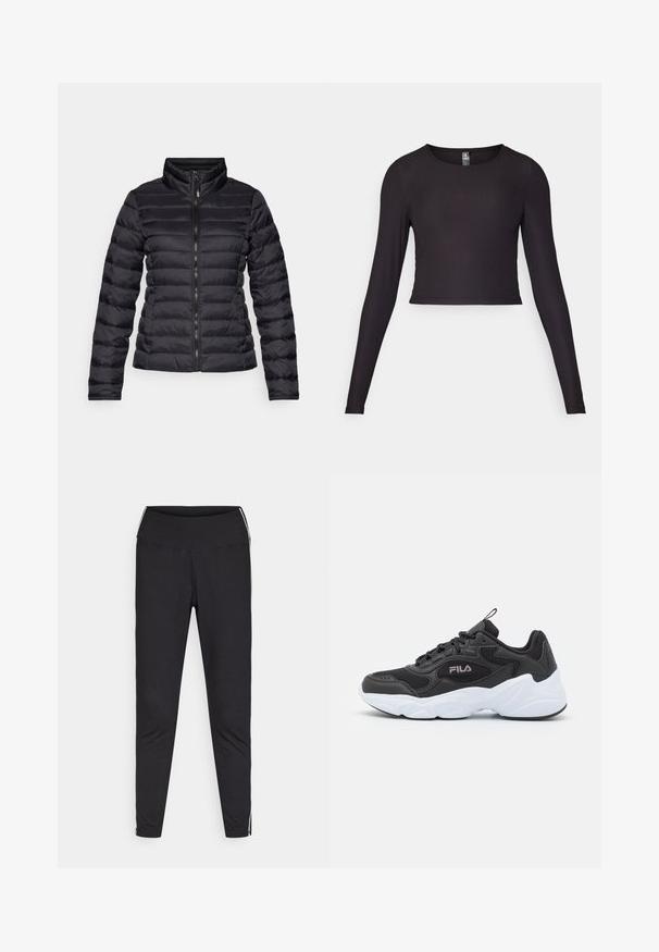 Svart dunjakke med høy krage, horisontalt quiltet design, full glidelås foran og tettsittende ermer. Jevn, blank tekstur.; Svart langermet crop-top laget av ribbestrikket stoff. Har rund halslinning og tettsittende silhuett med teksturert overflate.; Sorte leggings laget av elastisk stoff. Høy midje, tettsittende passform, med hvite side-striper langs de ytre sømmene. Glatt tekstur.; Svart trening: sko laget med netting og syntetisk materiale, med en hvit gummisåle, avrundet design og fremtredende logo på siden.