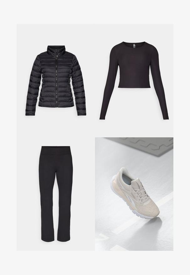 Giubbotto piumino nero con colletto alto, design a trapuntatura orizzontale, zip frontale completa e maniche aderenti. Texture liscia e lucida.; Top cropped a maniche lunghe nero realizzato in tessuto a coste. Presenta un collo rotondo e una silhouette aderente con superficie strutturata.; Leggings neri realizzati in un tessuto liscio ed elastico, con una cintura larga. Hanno gambe dritte e di lunghezza intera, senza motivi o accenti visibili.; Scarpa atletica di un beige chiaro con tomaia perforata, accenti testurizzati, collo imbottito e suola in gomma bianca, progettata per comfort e traspirabilità.