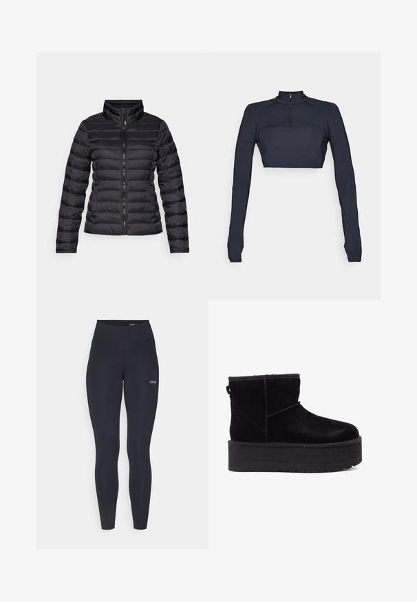 Musta puffatakki, jossa on korkea kaulus, vaakasuora tikkauskuvio, täyspitkä vetoketju ja napakat hihat. Suora, kiiltävä pinta.; Navy sininen pitkähihaiset crop-top, jossa on korkea kaulus ja neljännesvetoketju, jossa on tekstuuriset olkapaneelit ja istuva siluetti.; Mustat leggingsit, joissa on korkea vyötärö, valmistettu joustavasta kankaasta, jossa on pieni valkoinen logo reidessä ja sileä pinta.; Musta mokkanahka nilkkaboots paksulla platform-pohjalla ja pehmeällä vuorilla. Viimeistelty ompeluaksenteilla ja takana olevan vetolenkin avulla helppoa pukemista varten.