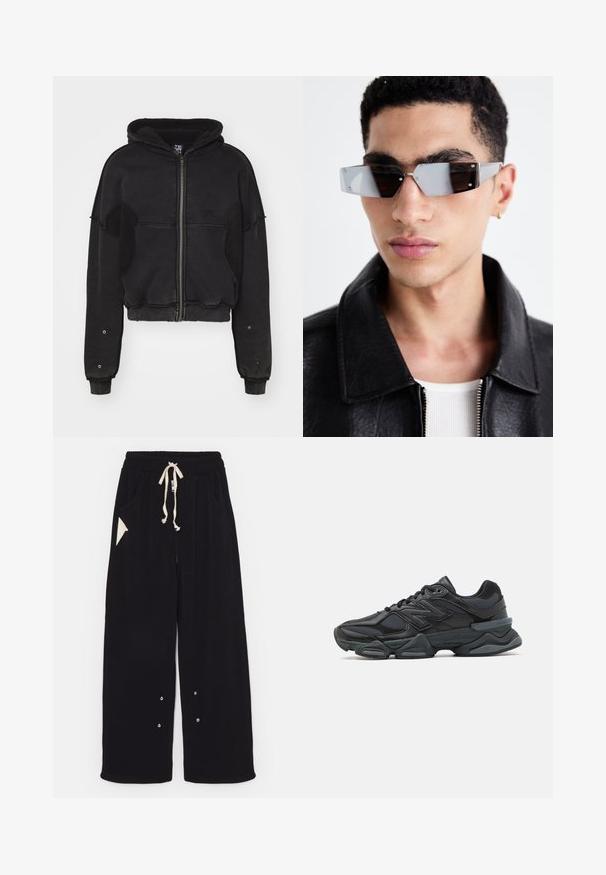 Atelier de roupa SNUG JACKET UNISEX - Giacca in pile - black; T-shirt nero a maniche corte in cotone, con scollatura rotonda e vestibilità comoda. Texture liscia con dettagli di cucitura minimi.; Pantaloni neri a gamba larga realizzati in un morbido tessuto, con vita regolabile tramite cordino, tasche laterali e una tasca accentuata triangolare. Include dettagli in hardware argentato.; Scarpa da corsa nera con una combinazione di materiali in rete e sintetici, suola spessa, design curvo e marchio ben visibile sul lato.; Occhiali da sole angolari con tonalità grigia e hardware in argento, su uno sfondo chiaro. Le lenti presentano una forma geometrica unica.