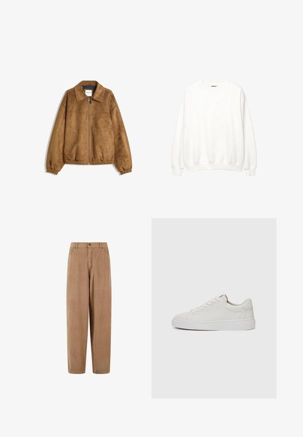 Hnědá umělá semišová bunda s předním zipem, špicatým límcem, elastickými manžetami a lemem, která má boční kapsy a hladkou texturu.; Bílá mikina, kulatý výstřih, dlouhé rukávy, volný střih. Měkká látka s žebrovanými manžetami a spodním lemem. Minimalistický design, bez viditelných log a vzorů.; Hnědé kordové kalhoty s rovnými nohavicemi, s knoflíkovým zapínáním a bočními kapsami, texturovaný ribbový povrch.; Bílé kožené nízké tenisky s kulatou špičkou, plochou bílou gumovou podrážkou a minimalistickým detailem prošívání. Tkaničky upevněné skrze šest očíček.