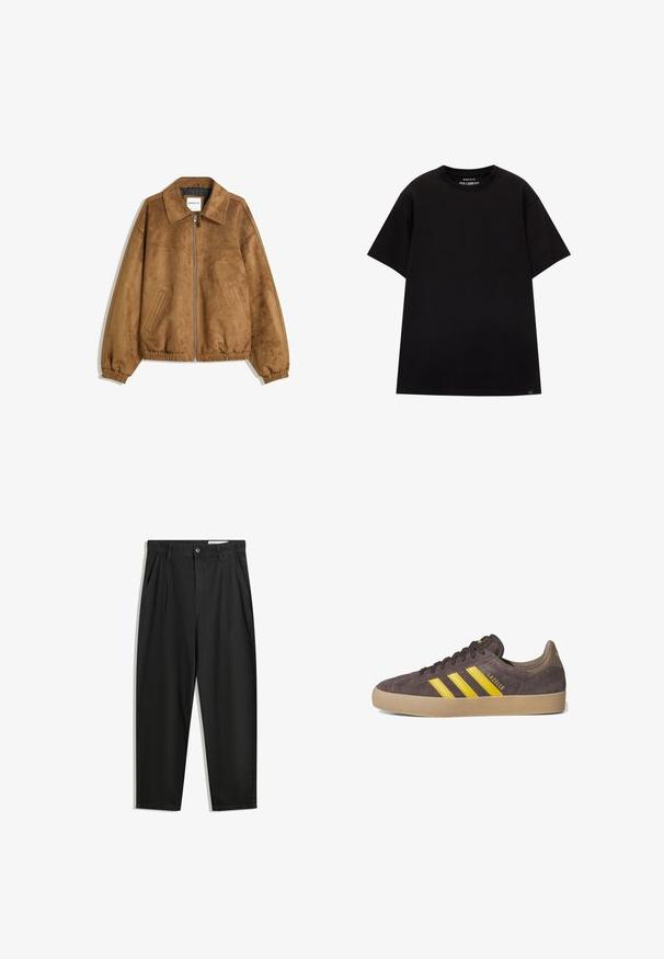 Giacca in finta pelle scamosciata marrone con zip sul davanti, colletto a punta, polsini ed orlo elastici, caratterizzata da tasche laterali a scomparsa e una texture liscia.; PULL&BEAR JOIN LIFE - T-shirt basic - black; Pantaloni in cotone neri con una vestibilità rilassata, dotati di una vita classica, pieghe frontali e tasche laterali. Tessuto liscio senza fantasie.; Sneaker in suede grigio con tre strisce gialle, suola in gomma e dettagli testurizzati. Nome del marchio "Gazelle" sul lato. Design semplice con lacci.