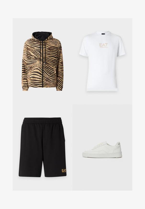 Giacca con cappuccio in un motivo a strisce tigre beige e nero, caratterizzata da una zip frontale, polsini elasticizzati e un logo sul lato sinistro.; T-shirt bianco in cotone con scollatura rotonda e maniche corte, con il logo oro EA7 Emporio Armani stampato sul fronte.; Pantaloni sportivi neri realizzati in tessuto morbido, con vita elastica e un piccolo logo EA7 giallo sulla parte bassa della gamba sinistra.; Sneaker in pelle bianca con una finitura liscia, punta rotonda, lacci piatti e suola testurizzata. Presenta un logo discreto sul tallone.