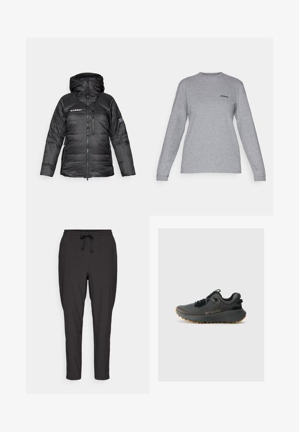 Black puffer jacket with a zip closure, adjustable hood, and Mammut logo. Features quilted design and side pockets for utility.; Patagonia LOGO RESPONSIBILI-TEE - Long sleeved top - gravel heather; Black jogger pants with an elastic waistband, drawstring detail, and side pockets. Made from a smooth, lightweight fabric.; Columbia TERRASTRIDE CRZ - Hiking shoes - shark/black