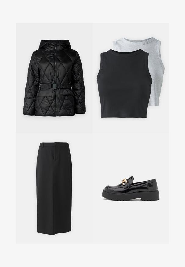 Juoda kvadratinė pūkinė striukė su kapišonu, užtrauktuku, elastinga juosta ir dviem priekinių kišenių. Lygus, blizgus audinys su deimantiniais raštais.; Even&Odd Petite 2 PACK - Viršus - light grey/black; Juoda pieštuko sijonas, iki kelių, pagamintas iš lygaus audinio. Turi užpakalinį plyšį ir šonines kišenes, su paprastu dizainu ir neutralia spalva.; Juodi patentiniai odiniai loaferiai su masyviu juodu padu ir auksiniais detalėmis. Lygus paviršius ir apvalus pirštų dizainas.
