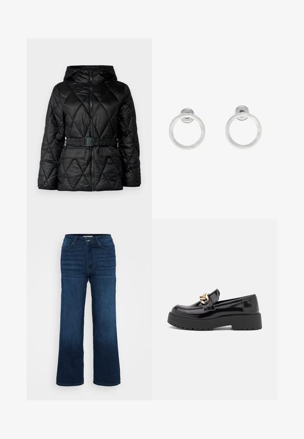 Black quilted puffer jacket with a hood, zip closure, elasticized belt, and two front pockets. Smooth, shiny fabric with diamond pattern.; Even&Odd Petite 2 PACK - Top - light grey/black; ONLY Petite ONLMADISON BLUSH WIDE - Wide Leg - dark blue denim; Black patent leather loafers with a chunky black sole and gold hardware detailing. Smooth texture and rounded toe design.; Silver metal hoop earrings with a brushed texture, featuring a circular design and a clear post back for secure wear.