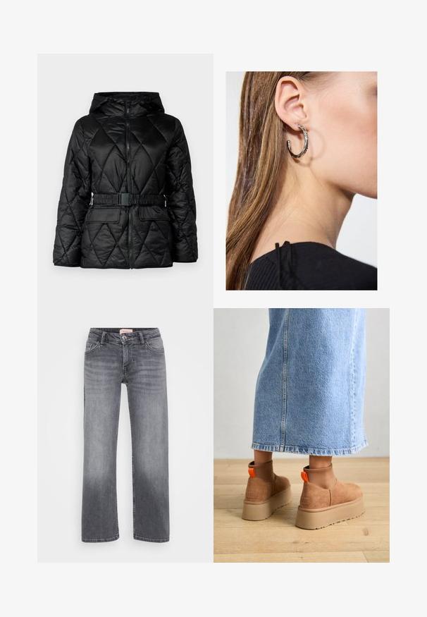 Jachetă puffer neagră, matlasată, cu glugă, închidere cu fermoar, curea elasticizată și două buzunare în față. Material neted, strălucitor, cu model în diamant.; Even&Odd Petite 2 PACK - Top - light grey/black; Jeans gri din denim cu un design drept, stil cu cinci buzunare, decolorare subtilă și închidere cu buton la talie.; Botine maro din suede cu platformă, cu panouri elastice pe laterale și mânere portocalii, asortate cu o fustă din denim deschis până la genunchi, pe un podea din lemn.; Cercel din argint cu un finisaj polișat, având detalii mici din aur și o formă rotundă, purtat pe lobul urechii.