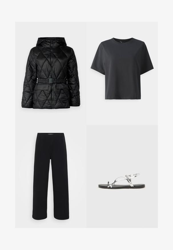 Sort quiltet puffjakke med hætte, lynlås lukning, elastisk bælte og to frontlommer. Glat, skinnende stof med diamantmønster.; Sort bomulds t-shirt, korte ærmer, rund hals, afslappet pasform, glat tekstur, enkelt design, ingen mønstre eller accenter.; Sorte vide bukser med elastisk talje. Fremstillet af et tekstureret materiale, der har en løs pasform og lige snit fra hofterne til kanten.; Sølvmetallic sandaler med et minimalistisk design, der har tynde stropper og en sort flad sål. Derudover er der korsstrop-accenter.