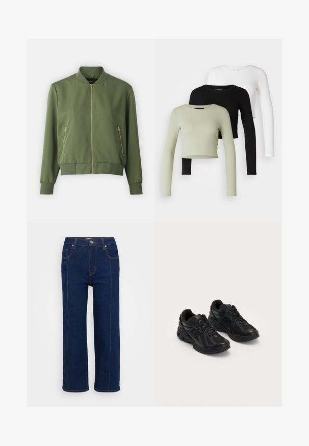 Giacca bomber verde oliva con zip frontale, polsini e orlo a coste, e due tasche laterali con zip. Tessuto liscio con finitura opaca.; Even&Odd Petite 3 PACK - Maglietta a manica lunga - black/white/light green; Jeans dritti blu scuro con chiusura a bottoni, tasche anteriori e posteriori e cuciture arancioni visibili lungo le cuciture.; Scarpe sportive nere realizzate in rete e materiali sintetici. Presentano una suola ammortizzata, motivi testurizzati e un marchio impresso sul lato.