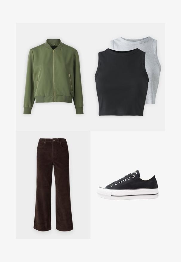Olive green bomber jacket with a zip front, ribbed cuffs and hem, and two zippered side pockets. Smooth fabric with a matte finish.; Even&Odd Petite 2 PACK - Top - light grey/black; Vero Moda Petite VMTESSA PANTS - Trousers - chocolate torte; Black canvas sneaker with white rubber sole, round toe, low-top design, metal eyelets, and a textured toe cap. Thin black stripe along the sole.