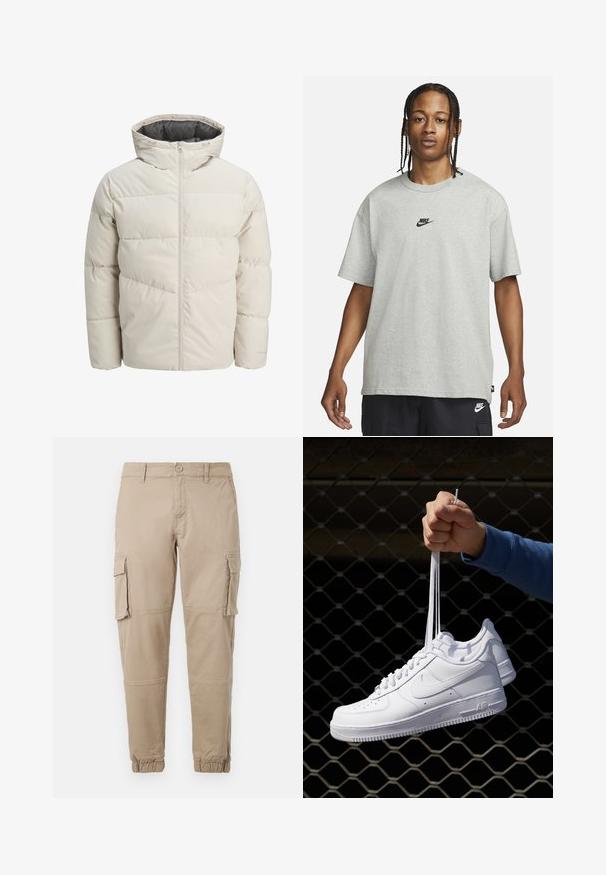 Vadderad jacka i ljusbeige färg med hög krage och dragkedjestängning. Har en quiltad design och elastiskaärmavslut. Lättviktsmaterial.; Ung person med flätat hår iklädd en ljusgrå Nike T-shirt och svarta Nike-shorts framför en enkel vit bakgrund.; Beiga cargobyxor i ett lätt bomullsmaterial. Har elastiska mudd, flera sidofickor och en knappstängning.; Vita lädersneakers med perforeringar, rund tå, platt sula och tjocka snörning, med en synlig swoosh-logga och "AIR" på hälen.