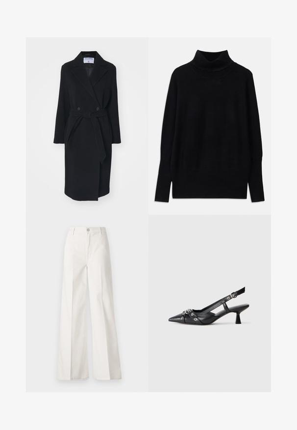 Cappotto in lana nera con colletto a rever, bottoni doppi e cintura in vita. Caratterizzato da maniche lunghe e tasche laterali. Forma strutturata.; Maglione a collo alto nero realizzato in tessuto morbido, con dettagli a coste sul colletto e sui polsini, dalla vestibilità rilassata e con spacchi laterali.; Pantaloni bianchi a gamba larga realizzati in cotone con una texture liscia. Presentano un bottone anteriore, una zip e un design a quattro tasche.; Scarpa slingback nera in pelle con punta affusolata, cinturini decorativi con occhielli metallici e tacco basso a blocco. Superficie testurizzata.