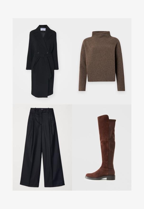 Abrigo de lana negro con cuello con muesca, botones de doble botonadura y cinturón en la cintura. Presenta mangas largas y bolsillos laterales. Forma estructurada.; Suéter marrón, recortado, con cuello alto y plegado, mangas largas y una tela suave y texturizada. Diseño minimalista sin hardware visible.; Pantalones de pierna ancha negros, confeccionados en una tela suave, con una cintura alta, pliegues y un diseño ajustado. Accesorios sencillos en negro en la cintura.; Bota alta de ante marrón y tela con tacón bajo negro y punta redondeada, mostrada en vista lateral sobre fondo blanco liso.