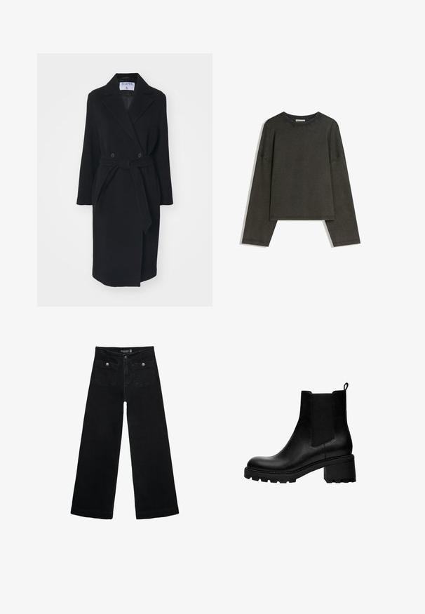 Crni vuneni kaput s izrezanim ovratnikom, duplim dugmadi i remenom u struku. Ima duge rukave i bočne džepove. Ima strukturirani oblik.; Tamna siva majica dugih rukava izrađena od pamuka i elastina. Kutni kroj s okruglim izrezom i spuštenim ramenima, s vidljivim šavovima.; Crne široke traperice s visokim strukom, koje imaju dva prednja džepa i metalne gumbe kao ukrase. Tkanina ima glatku teksturu.; Crne kožne gležnjače s okruglim vrhom, elastičnim bočnim panelima i debelim blok petama. Teksturirana potplata za veći grip.