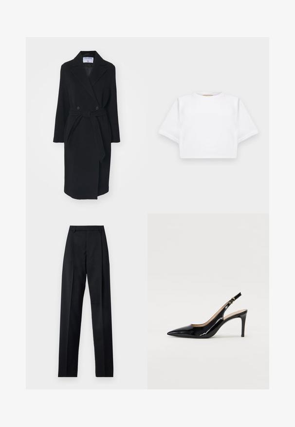 Sort uldfrakke med slagkrave, dobbeltradede knapper og bælte i taljen. Har lange ærmer og sidelommer. Har en struktureret form.; KFrakelse hvid t-shirt lavet af blødt stof, med korte ærmer, rund halsudskæring og ribbede nederste detaljer. Enkel og udekoreret design.; Sorte bukser lavet af glat stof, der har høj talje, brede ben, frontfolder og klassiske bælteløkker. Ingen synlige sidelommer.; Sort patenteret læder slingback stiletto med spids tå, slank hæl og et subtilt udskæringsdesign. Har en gylden spænde på remmen.