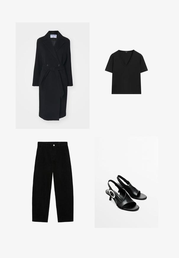Cappotto in lana nera con colletto a rever, bottoni doppi e cintura in vita. Caratterizzato da maniche lunghe e tasche laterali. Forma strutturata.; Maglietta nera a maniche corte con scollo a V, dal design semplice e aderente, su sfondo bianco.; Pantaloni in corduroy neri con design a gamba larga, dotati di tasche laterali e chiusura frontale con bottone. La trama è rigata, offrendo una sensazione morbida.; Sandali slingback neri in pelle con punta aperta, tacco basso e dettaglio in metallo circolare argentato sul lato. Tessuto liscio e design semplice.