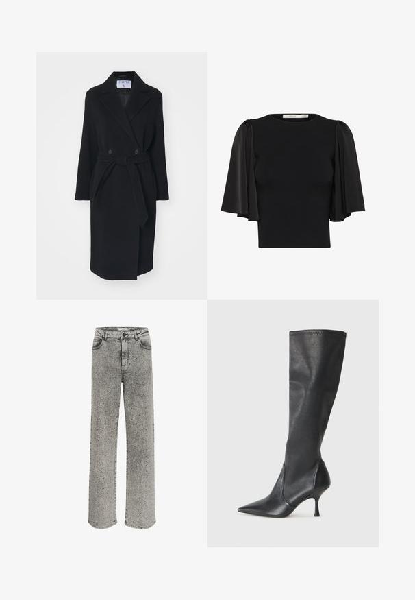 Mustast villast mantelil on sälgkraed, topelt-painutatud nööbid ja vöö. Omab pika varrukatega ja küljetaskutega. Struktureeritud kuju.; Musthave mustahuvi mustavärvi lühikeste puhv-särkide varrukatega, läbipaistvast kangast, ümmarguse kaelaauguga ja keha sööbiva lõikega. Pehme tekstuur ja sile viimistlus.; Halli teksased otse jalaga disainiga, kaunistatud hõbedaste nuppega. Omab klassikalist viit taskut ja nupuga sulgemist.; Knee-high mustad nahksaapad terava nina ja kitsaste stiilsete kontsadega. Sile tekstuur sobiva disainiga ja õmblused ülemisel serval.