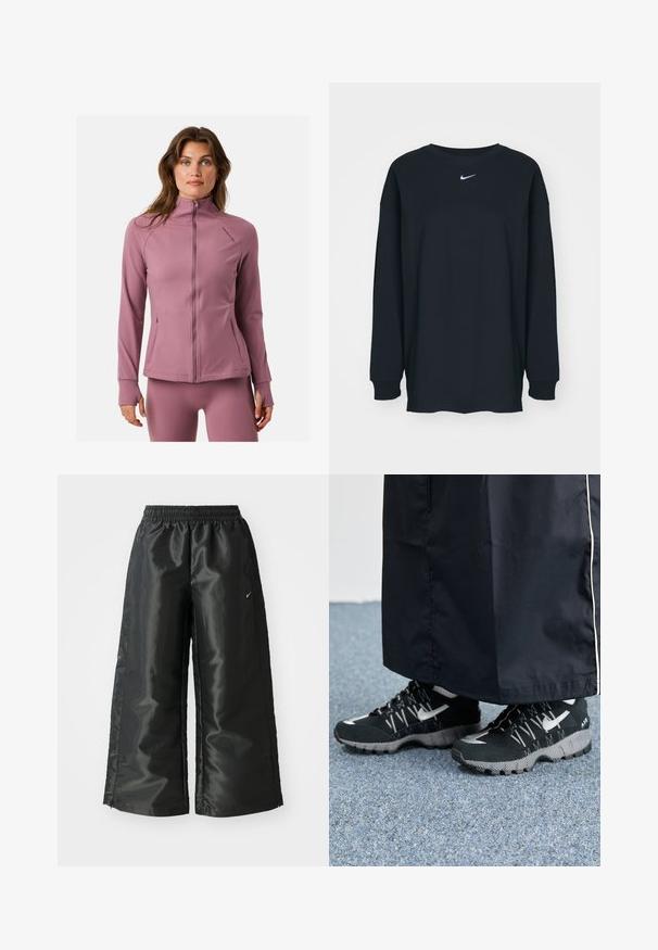 Long-sleeve athletic jacket in soft, pastel pink fabric. Features a high collar, full zipper, and zippered pockets. Smooth texture.; Black long-sleeve T-shirt made of cotton with a crew neckline. Features a white Nike logo on the chest. Soft texture, simple design.; Black athletic pants with a shiny, smooth fabric, featuring an elastic waistband, wide legs, and a small logo on the left side.; Black athletic shoes with a textured upper, silver accents, and a patterned outsole, paired with a black long garment. Set against blue carpet.