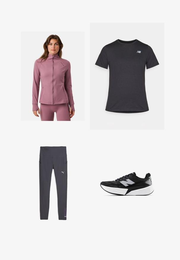 Giacca sportiva a maniche lunghe in morbido tessuto rosa pastello. Presenta un alto collo, una cerniera completa e tasche con zip. Texture liscia.; T-shirt nera a maniche corte realizzata in tessuto morbido, con un piccolo logo grigio New Balance posizionato sulla parte superiore sinistra del petto, design classico con girocollo.; Leggings atletici grigi con vita alta, tasche laterali e un accento a motivi viola sulla parte bassa della gamba, con logo bianco.; Scarpa da corsa New Balance in bianco e nero con suola spessa, parte superiore in rete e logo "N" sul lato, vista dal lato esterno.
