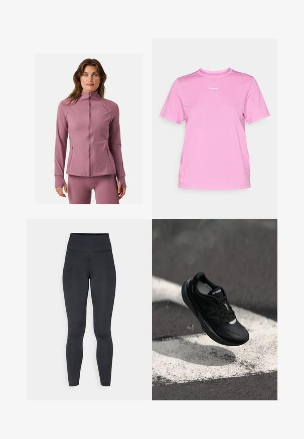 Langärmlige Sportjacke aus weichem, pastellrosa Stoff. Mit hohem Kragen, durchgehendem Reißverschluss und Reißverschlusstaschen. Glatte Textur.; Rosa feuchtigkeitsableitendes Sport-T-Shirt mit kurzen Ärmeln und Rundhalsausschnitt, ausgestattet mit einem dezenten strukturierten Muster und einem weißen Logo auf der Vorderseite.; Hoch geschnittene schwarze Leggings aus dehnbarem Material, mit glatter Textur und enganliegendem Design, minimalen Nähten.; Schwarzer Laufschuh mit strukturiertem Obermaterial, schlankem Design und reflektierenden Akzenten. Verfügt über eine weiche, gepolsterte Sohle für Komfort.