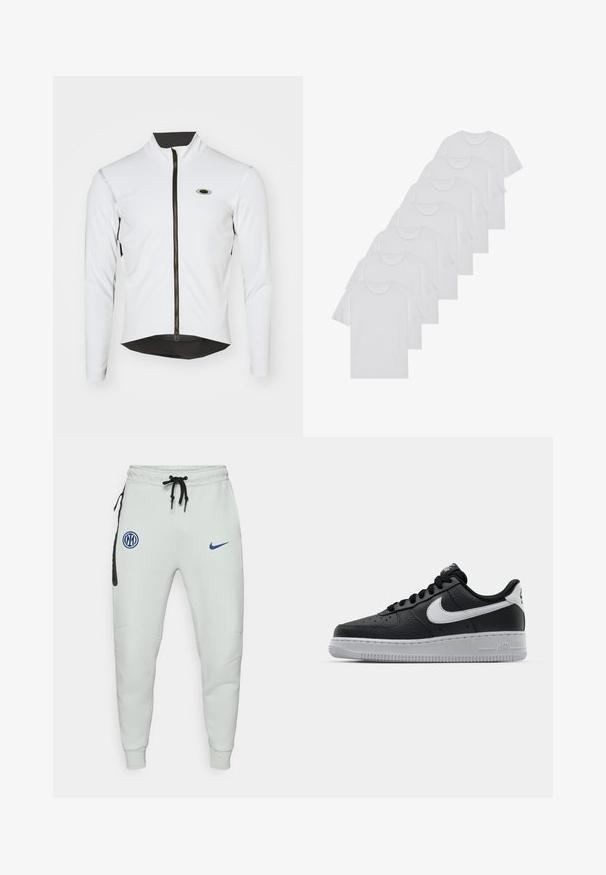 Weißes Radtrikot mit langen Ärmeln und hohem Kragen, schwarzem Reißverschluss und Mesh-Details am unteren Rand. Verfügt über ein kleines Logo auf der Brust.; Weiße Baumwoll-T-Shirts, kurze Ärmel, Rundhals-Design, schlichte Textur, in einer Reihe gestapelt, mit dezentem Branding am Hals.; Helle graue Jogginghosen aus weichem Material, mit einer schwarzen Akzenttasche, blauen Logopatches, verstellbarem Kordelzugbund und eng anliegenden Bündchen.; Schwarze Ledersneaker mit strukturierten Oberflächen, weißem Nike-Swoosh, grauer Sohle, runder Zehenpartie und Schnürdesign. Verfügt über Perforationen an der Zehenbox.