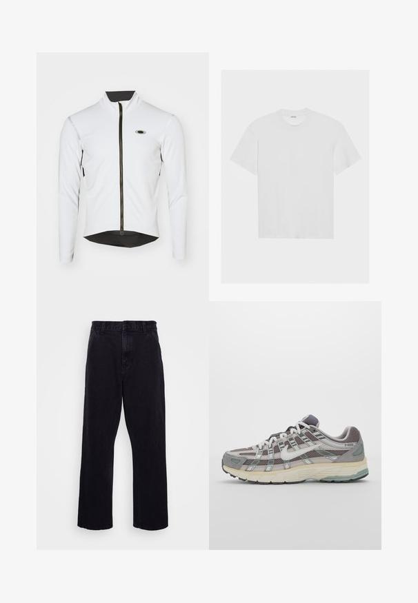 Weißes Radtrikot mit langen Ärmeln und hohem Kragen, schwarzem Reißverschluss und Mesh-Details am unteren Rand. Verfügt über ein kleines Logo auf der Brust.; Weißes Baumwoll-T-Shirt mit kurzen Ärmeln, Rundhalsausschnitt und lässiger Passform. Glatte Textur und keine sichtbaren Muster oder Akzente.; Schwarze Jeanshose mit geradem Bein, ausgestattet mit einem Knopf- und Reißverschluss, Gürtelschlaufen und minimalen Nähdetails.; Grauer Sportschuh mit einem Obermaterial aus Mesh und Wildleder, weißen Akzenten, einer gepolsterten Sohle und einem charakteristischen Design mit reflektierenden Elementen.