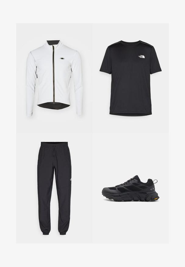 Balts garās piedurknes velosipēdu žakets ar augstu apkakli, melnu rāvējslēdzēju un acu akcentiem apakšā. Satur mazu logo uz krūtīm.; Melnas īsām piedurknēm T-kreklas, izgatavots no viegla auduma. Uz kreisā krūtīm ir neliels balts logo un smalki plecu akcenti.; Melni sporta bikses, kas izgatavotas no viegla auduma, ar savelcamu jostu, sānu kabatām un sašaurinātiem apakšējiem galiem pie potītēm.; Melnas sporta kurpes ar biezām zolēm, sieta un sintētiska augšdaļa, teksturēti akcenti un Vibram zīmols uz ārējās zoles.