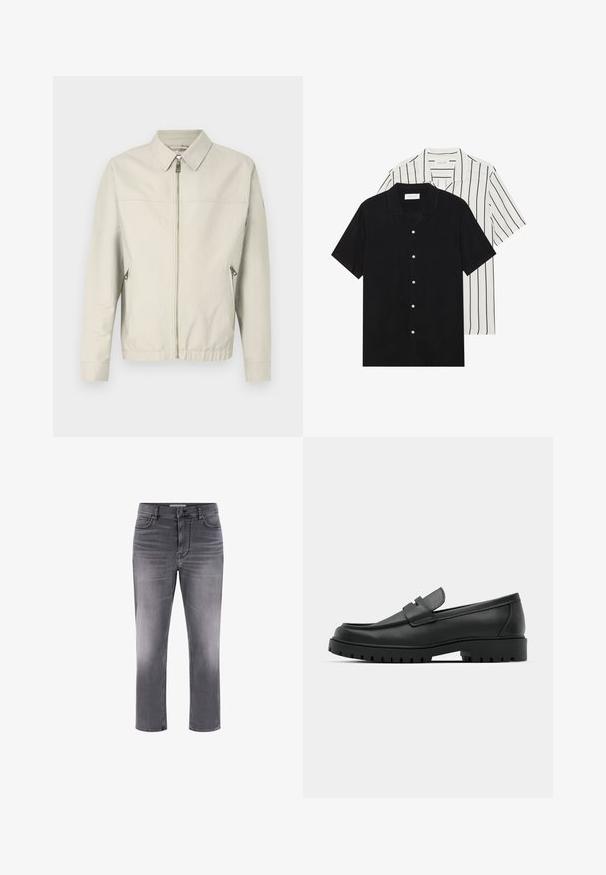 Lys grå bomberjakke med lynlås foran, spids krave, to sidelommer og elastiske manchetter. Glat stof med et enkelt, minimalistisk design.; To korteærmede skjorter: en ensfarvet sort og en hvid med sorte lodrette striber. Begge har knaplukninger og en klassisk krave.; Grå denim jeans med et fem-lomme design, lige pasform og en falmet finish. Har knaplukning og kontrasterende syninger.; Sorte læder loafers med rund tå, der har et syet design, lav platformssål og en struktureret, skridsikker gummisål.