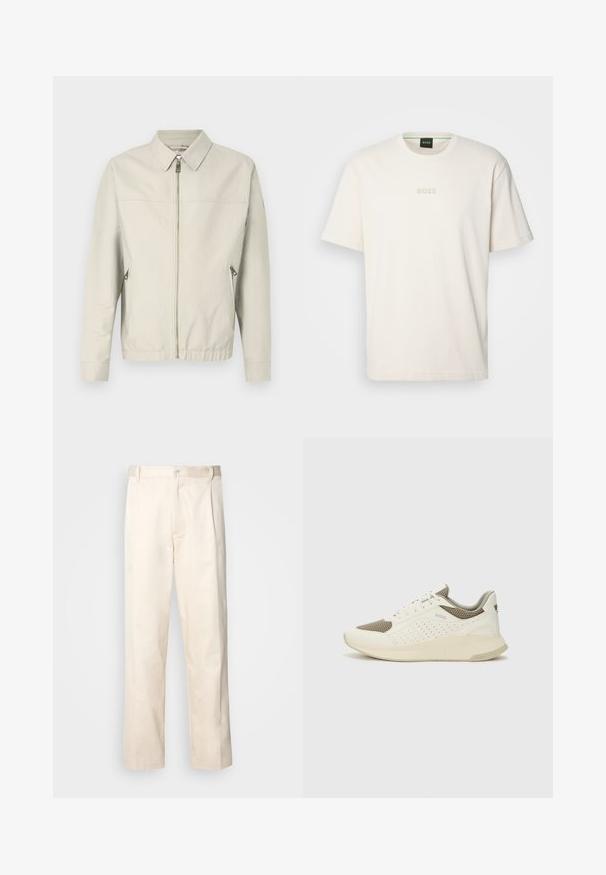 Light gray bomber jacket with a zip front, point collar, two side pockets, and elastic cuffs. Smooth fabric with a simple, minimalist design.; BOSS TEE - Basic T-shirt - open white; Beige cotton trousers with a straight-leg cut, featuring a button closure and pleats at the front for added detail.; White and light beige athletic sneaker, featuring a mesh upper, perforated detailing, and a textured midsole with branding on the heel.