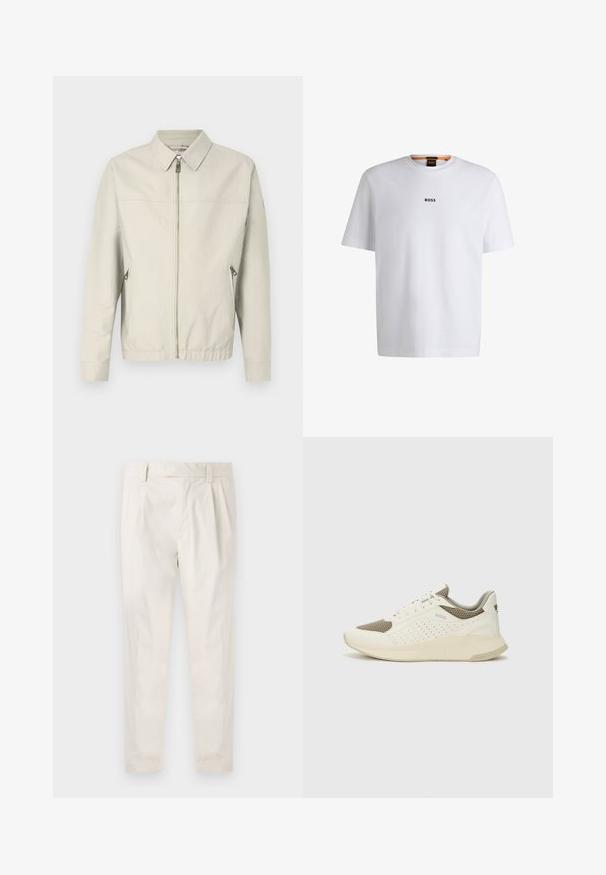 Lys grå bomberjakke med lynlås foran, spids krave, to sidelommer og elastiske manchetter. Glat stof med et enkelt, minimalistisk design.; Hvid bomuld T-shirt med korte ærmer, med et sort "BOSS" logo centreret på brystet og en rund halsudskæring.; Hvide, plisserede bukser med en skræddersyet pasform, der har en glat overflade, bæltestropper og smalnede ben. Ingen synlige lommer eller mønstre.; Hvide og lyse beige sportssko med en mesh-overdel, perforerede detaljer og en tekstureret mellemsål med branding på hælen.