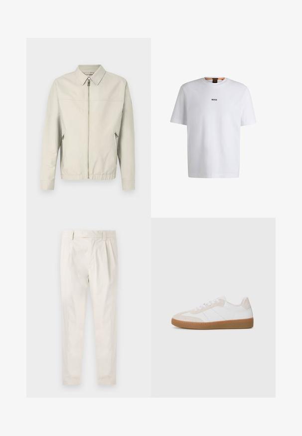 Vaaleanharmaa bomberitakki, jossa on vetoketjukiinnitys, pistekaulus, kaksi sivutaskua ja elastiset hihansuut. Tasainen kangas yksinkertaisella ja minimalistisella muotoilulla.; Valkoinen puuvillapaita lyhyillä hihoilla, jossa on musta "BOSS"-logo keskellä rintaa ja pyöreä pääntie.; Valkoiset, laskostetut housut, joissa on räätälöity istuvuus. Housut ovat sileäpintaiset, niissä on vyölenkit ja kapenevat lahkeet. Ei näkyviä taskuja tai kuvioita.; Valkoiset ja beige sneakersit, joissa on mokka- ja nahkaelementtejä. Varustettu kumipohjalla, nyörityssuunnittelulla ja minimalistisilla sivuviivoilla.